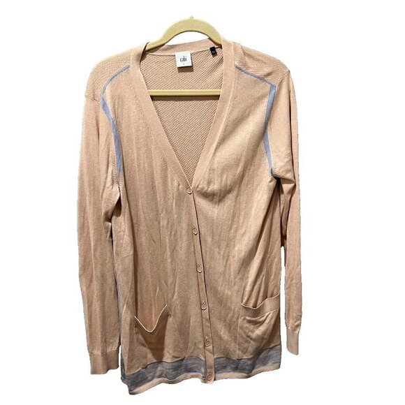 Cabi Womens Pink Blue Button Up Cardigan Sweater Large Long Sleeve Pockets - Picture 1 of 12